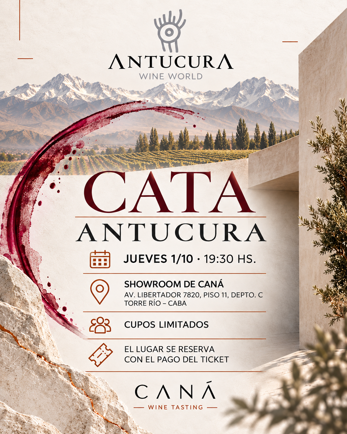 Flyer de la cata Antucura en Caná, jueves 1 de octubre a las 19:30